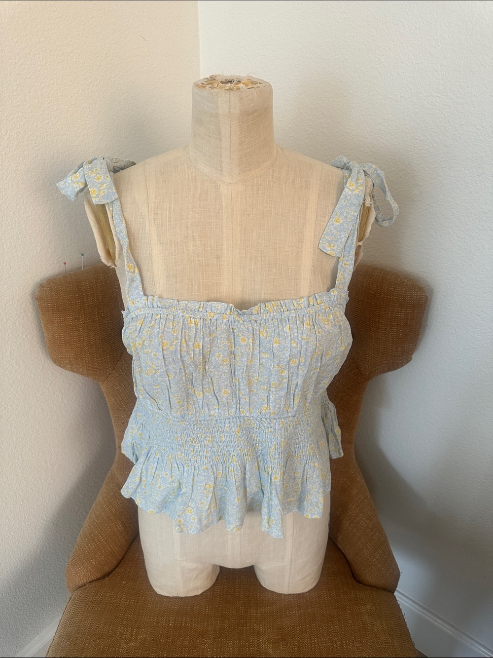 Elodie Light Blue Floral Smocked Tie-Strap Crop Top